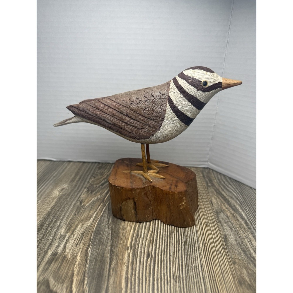 VTG Carved Painted‎ Wooden Killdeer Bird On A Log